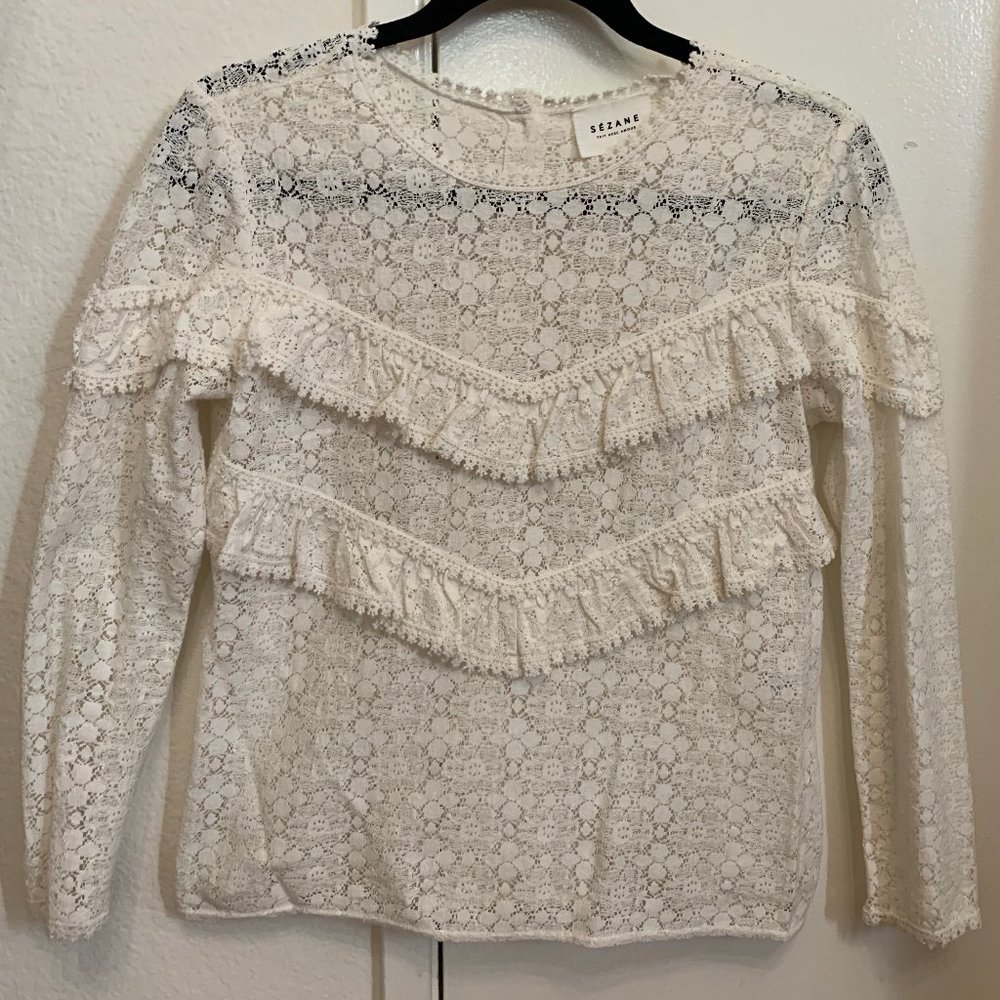 Sezane ivory lace long-sleeve shirt with ruffles